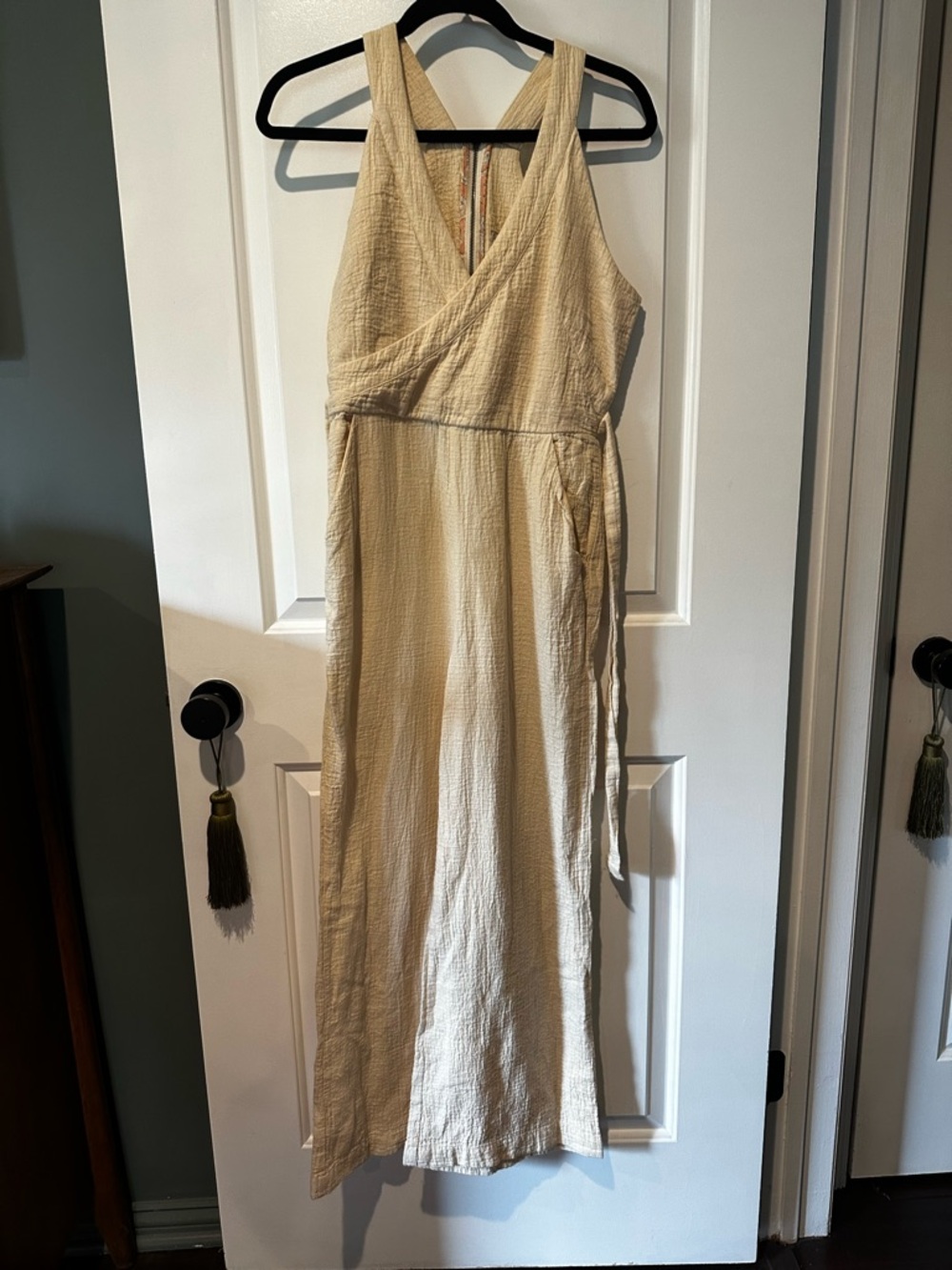 Anthropologie Gauzy Cream Jumpsuit with waist belt - Size 6